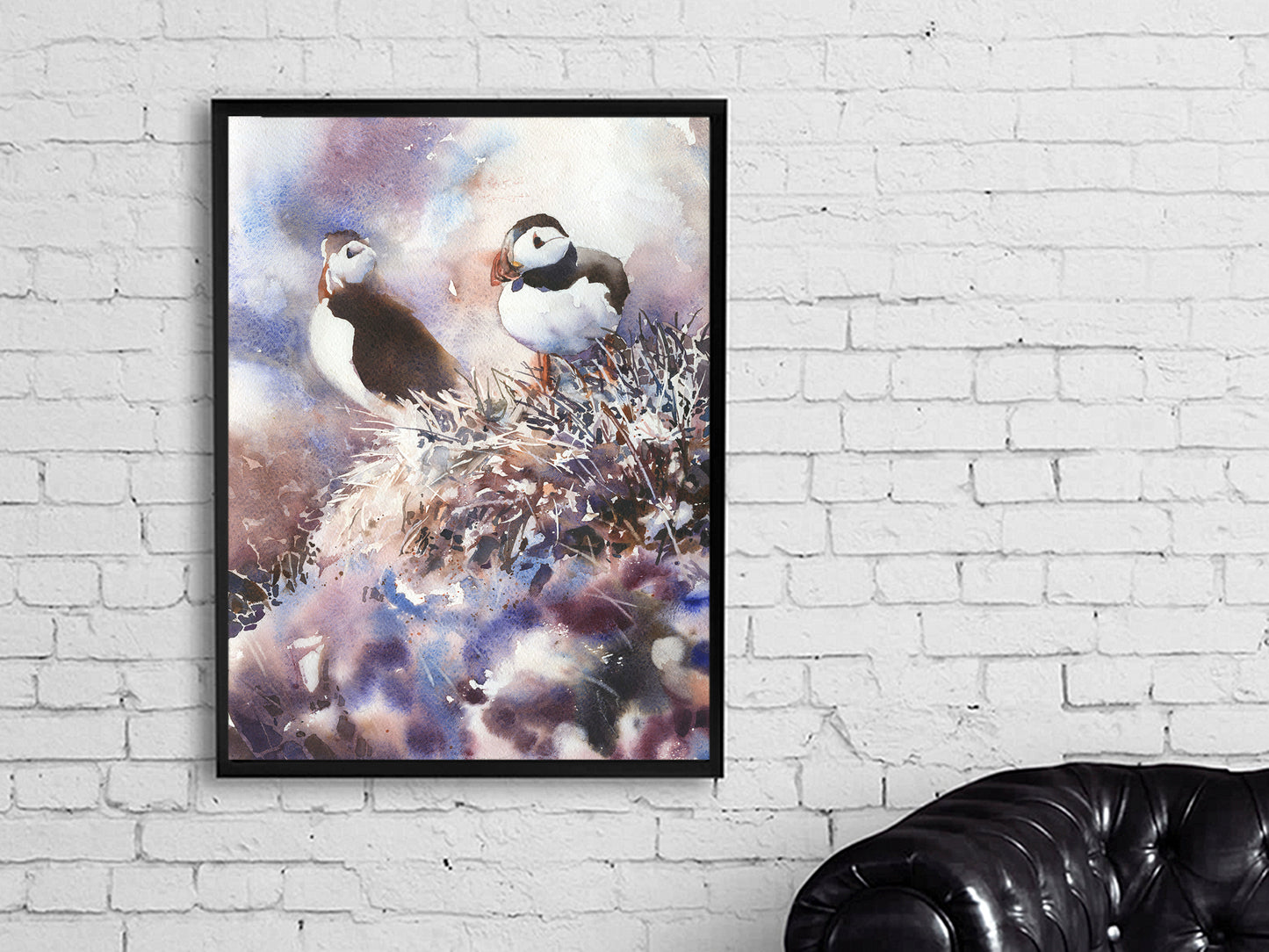 Icelandic puffin fine art watercolor painting.  Watercolor painting Puffin Iceland bird artwork (print)