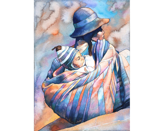 Quechua woman in Plaza de Armas- Cusco, Peru, colorful watercolor painting fine art home decor Per wall art watercolor Cusco (original)