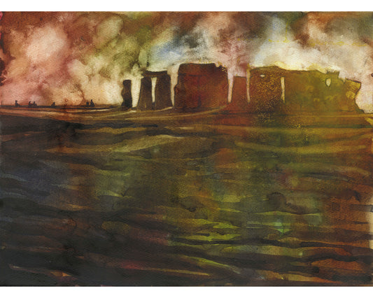 Stonehenge ruins in the UK countryside- watercolor painting Stonehenge Great Britain landscape sunset artwork United Kingdom ruin (print)