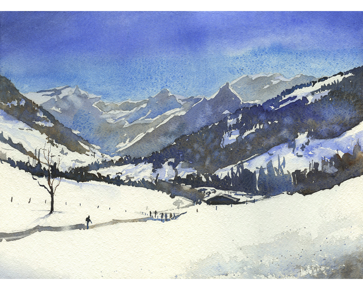 Swiss Alps watercolor landscape painting.  Watercolor of snow covered mountains in Switzerland.  Swiss alps snowing landscape artwork (print)