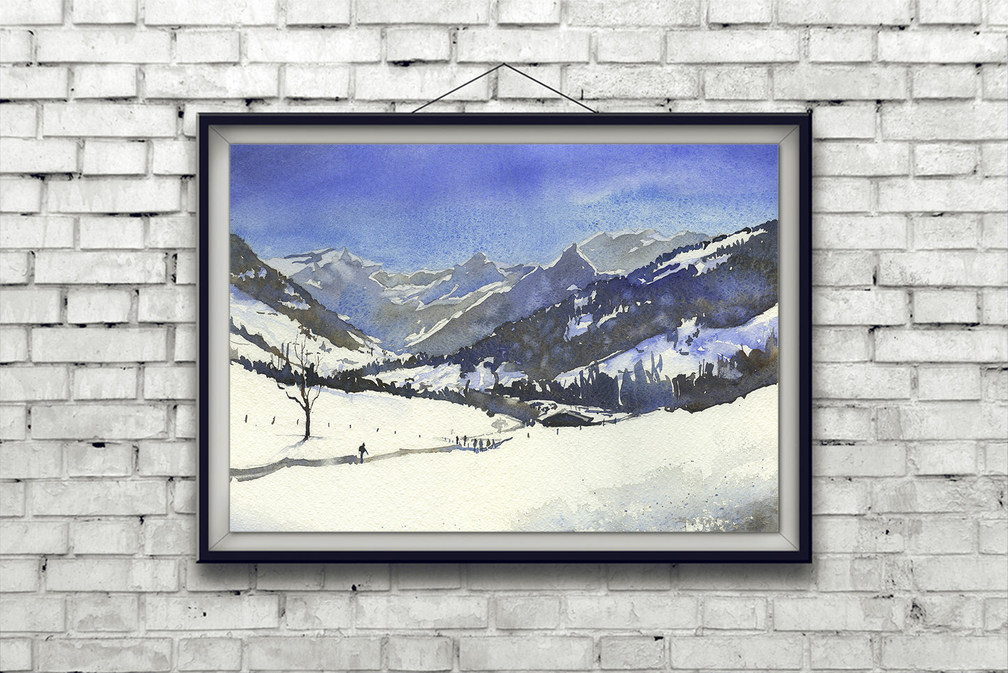 Swiss Alps watercolor landscape painting.  Watercolor of snow covered mountains in Switzerland.  Swiss alps snowing landscape artwork (print)