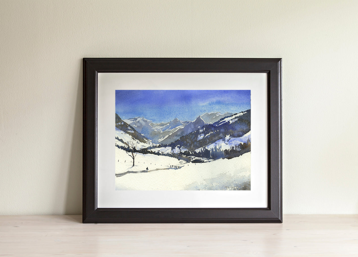 Swiss Alps watercolor landscape painting.  Watercolor of snow covered mountains in Switzerland.  Swiss alps snowing landscape artwork (print)