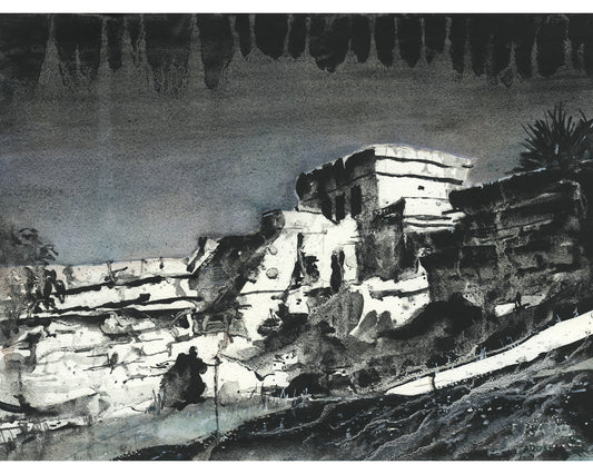 Mayan ruins at beach of Tulum in Mexico.  Watercolor painting of Mayan ruins in Tulum in Yucatan Peninsula- Mexico.  Black white art (print)