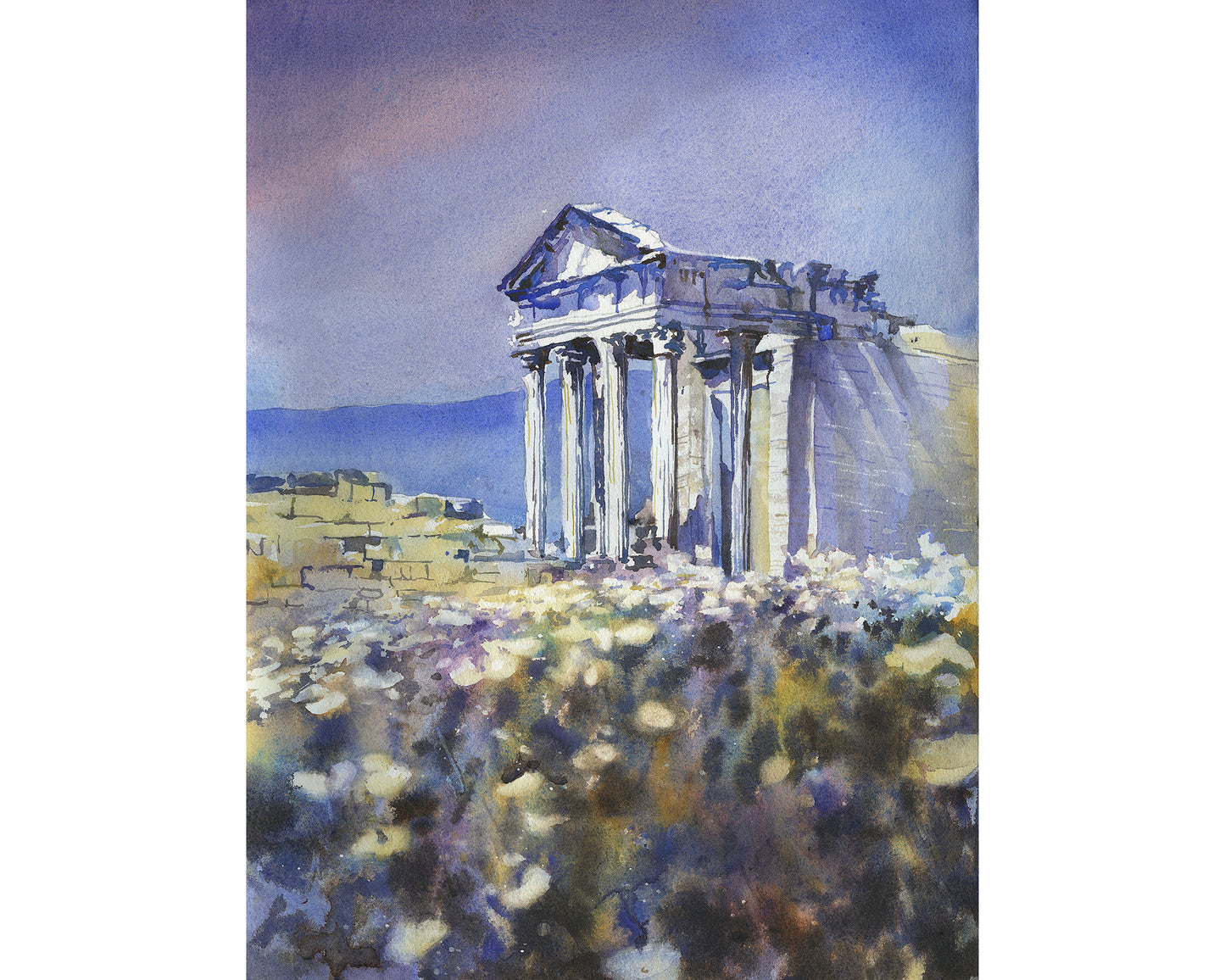Watercolor painting of Roman temple at the ruins of Dougga in Tunisia- Africa.   Roman ruins Tunisia watercolor painting fine art print.
