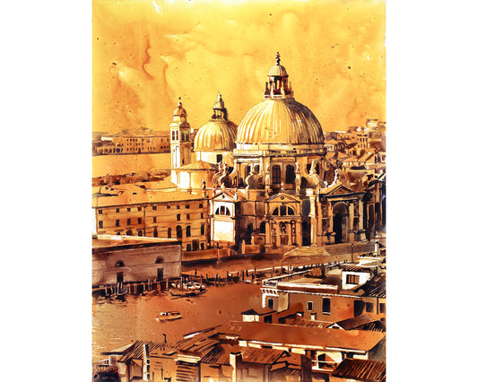 Colorful watercolor painting of Basilica di Santa Maria in Venice, Italy with gondola in foreground.