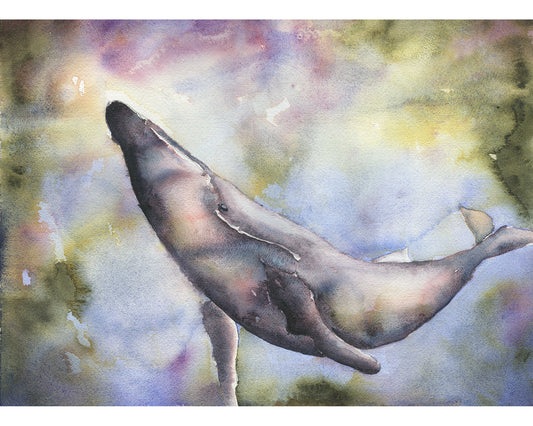 Whale swimming in ocean.  Watercolor painting whale in ocean blue gray nautical artwork whale decor fine art (print)