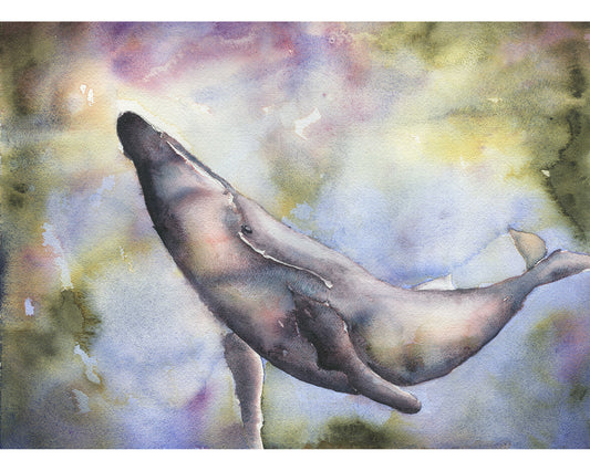 Ballena nadando en el océano. Acuarela pintura ballena en océano azul gris arte náutico decoración de ballenas bellas artes (original)