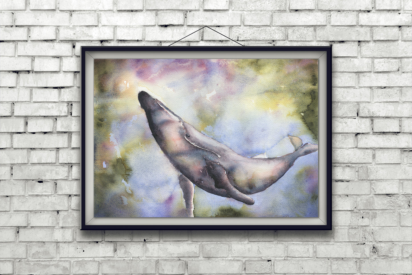 Whale swimming in ocean.  Watercolor painting whale in ocean blue gray nautical artwork whale decor fine art (original)