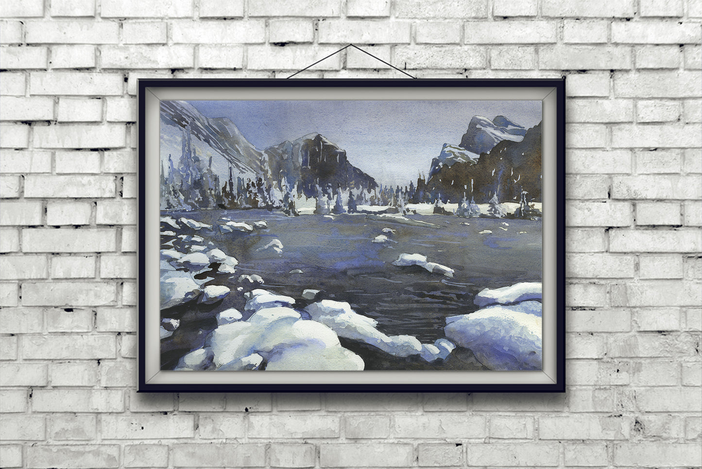 Snowy mountain landscape art.  Watercolor painting snowy mountains stream landscape artwork blue (original)