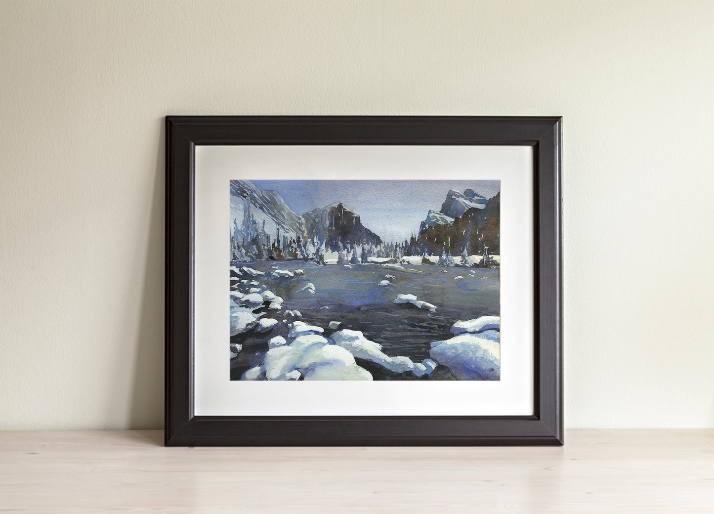 Snowy mountain landscape art.  Watercolor painting snowy mountains stream landscape artwork blue (original)