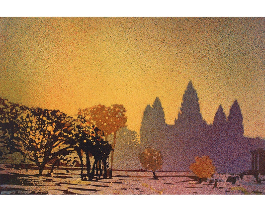 Soft, atmospheric watercolor of Angkor Wat at sunset, capturing the serenity of the ancient Khmer architecture—great gift for her or unique home decor accent.