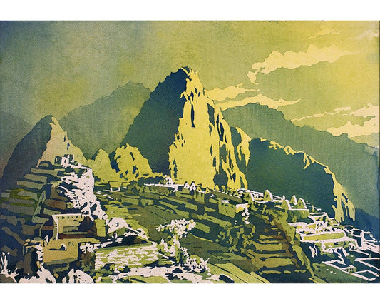 South America watercolor painting of Machu Picchu’s lush mountainous terrain as seen from the Hut of the Caretaker—great gift for travelers and art lovers.
