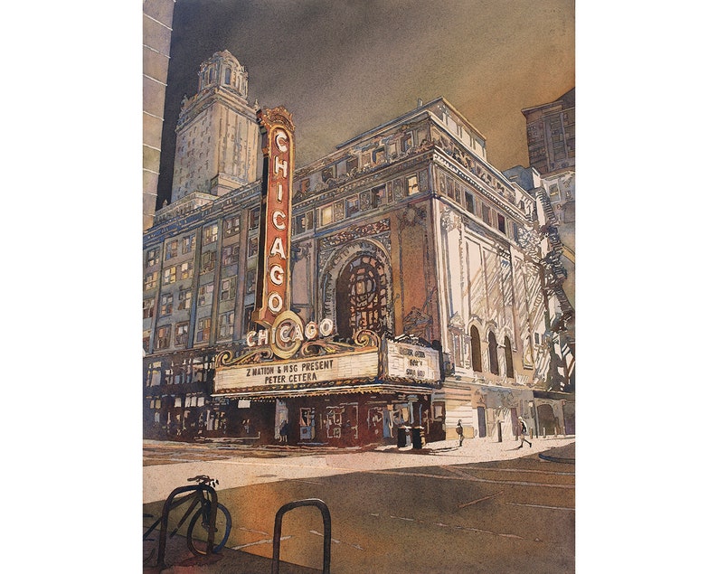 Chicago Theatre painting in downtown Chicago at sunset.  Fine art watercolor painting of Chicago Theatre, Illinois.
