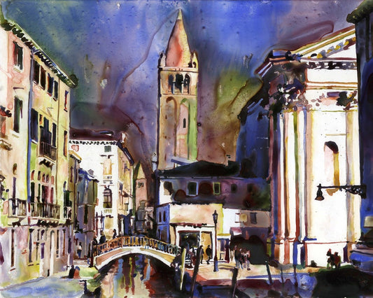 Colorful watercolor painting of Chiesa di Santa Maria del Soccorso and medieval Venice canals.
