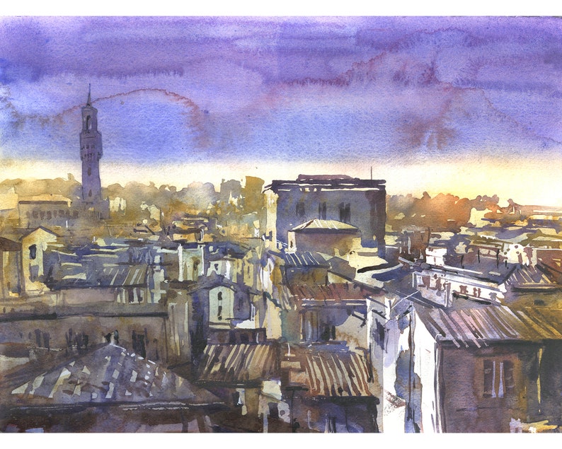 Palazzo Vecchio and skyline of Florence, Italy at sunset.  Watercolor painting Florence artwork fine art painting Italy (original artwork)