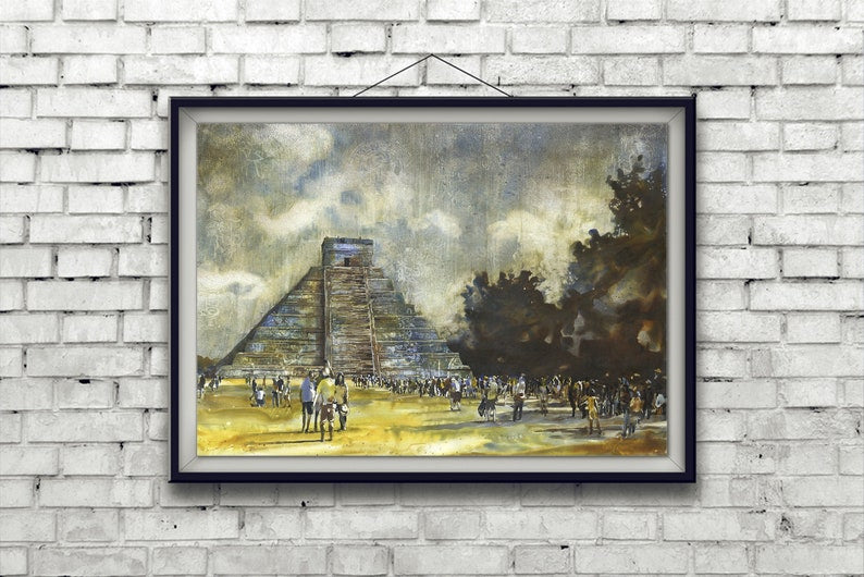 Mayan ruins at Chichen Itza, in the Yucatan Peninsula- Mexico. El Castillo Chichen Itza Mexico artwork colorful watercolor painting (print)