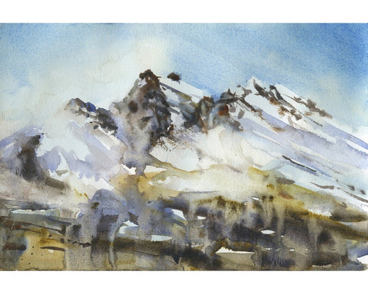 Snowy mountain watercolor landscape. Fine art painting landscape artwork mountains snowy decor. 