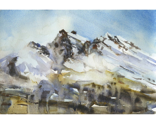 Snowy mountain watercolor landscape. Fine art painting landscape artwork mountains snowy decor.