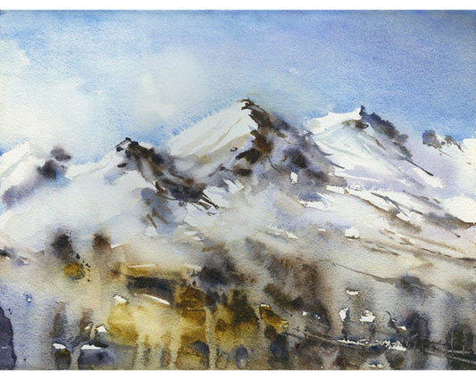 Snowy mountain watercolor landscape. Fine art painting landscape artwork mountains snowy decor. 