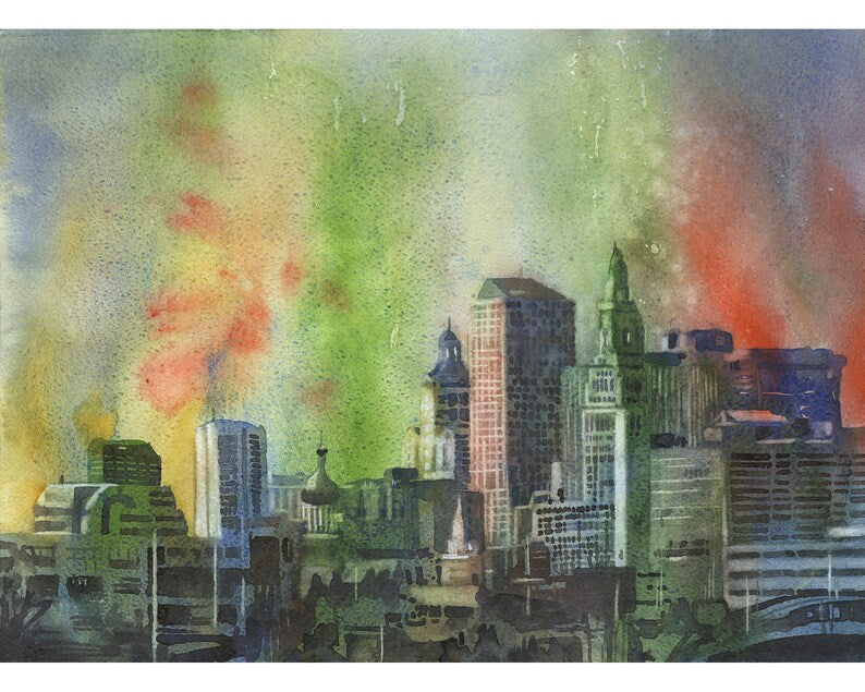 Hartford, CT skyline at sunset.  Hartford skyline watercolor painting sunset artwork fine art ConnecticutHartford, CT skyline at sunset.  Hartford skyline watercolor painting sunset artwork fine art Connecticut