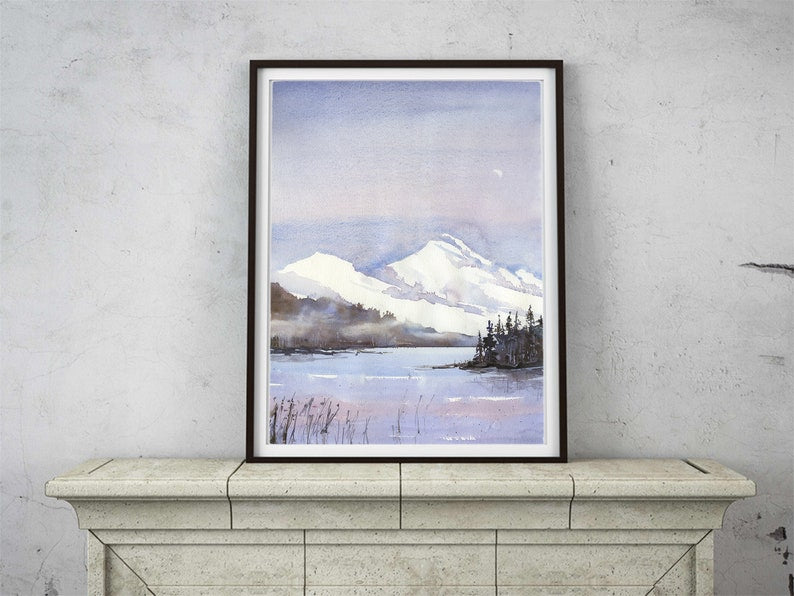 Snow capped mountain landscape painting.  Snowy mountain and lake landscape artwork.  Watercolor painting mountain and lake artwork (print)