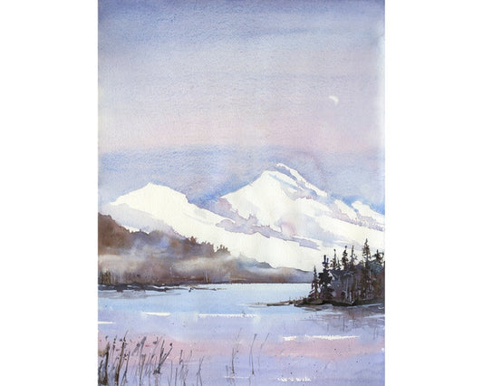 Snow capped mountain landscape painting.  Snowy mountain and lake landscape artwork.  Watercolor painting