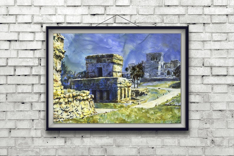 Tulum Mayan ruins in Mexico.  Watercolor painting of Mayan ruins in Tulum in Yucatan Peninsula- Mexico.  Watercolor painting Cancun Mexico