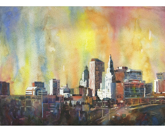 Hartford skyline.  Watercolor painting of skyline of Hartford, CT at sunset watercolor downtown Connecticut artwork