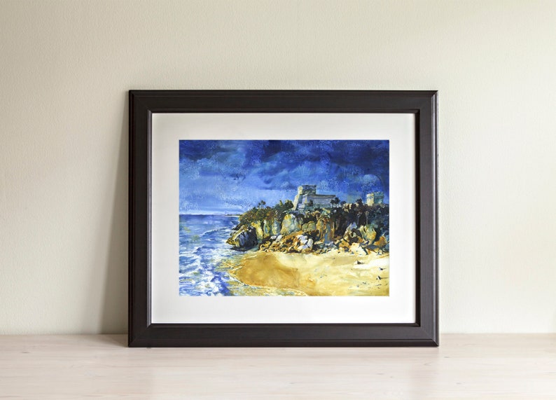 Mayan ruins at beach of Tulum in Mexico.  Watercolor painting of Mayan ruins in Tulum in Yucatan Peninsula- Mexico.  Watercolor art (print)