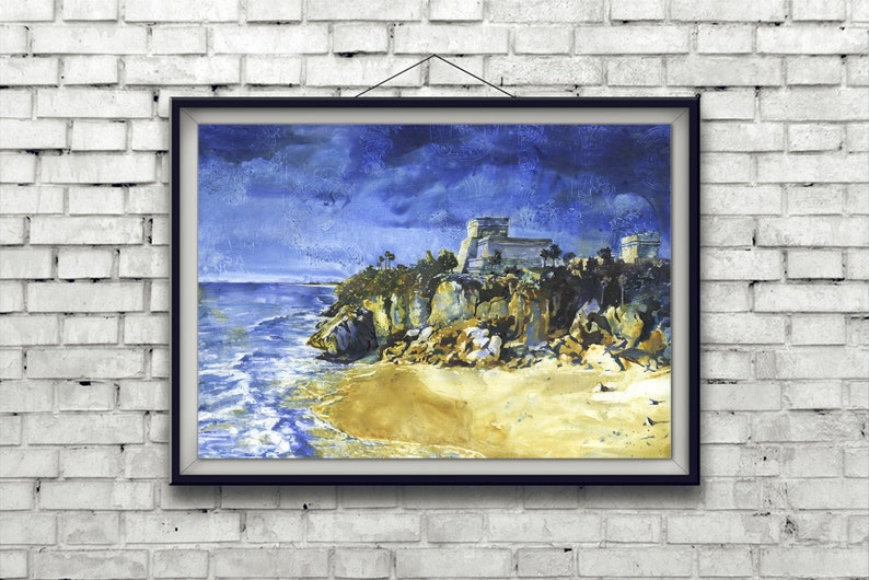 Mayan ruins at beach of Tulum in Mexico.  Watercolor painting of Mayan ruins in Tulum in Yucatan Peninsula- Mexico.  Watercolor art (print)