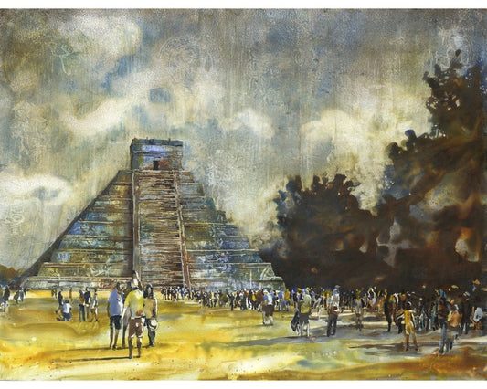Watercolor of El Castillo at Chichen Itza, blending fine art and ancient architecture into one colorful and meaningful artwork print for home decor or gifting.