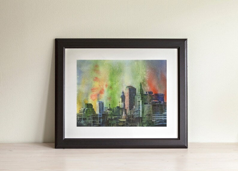 Hartford, CT skyline at sunset.  Hartford skyline watercolor painting sunset artwork fine art Connecticut