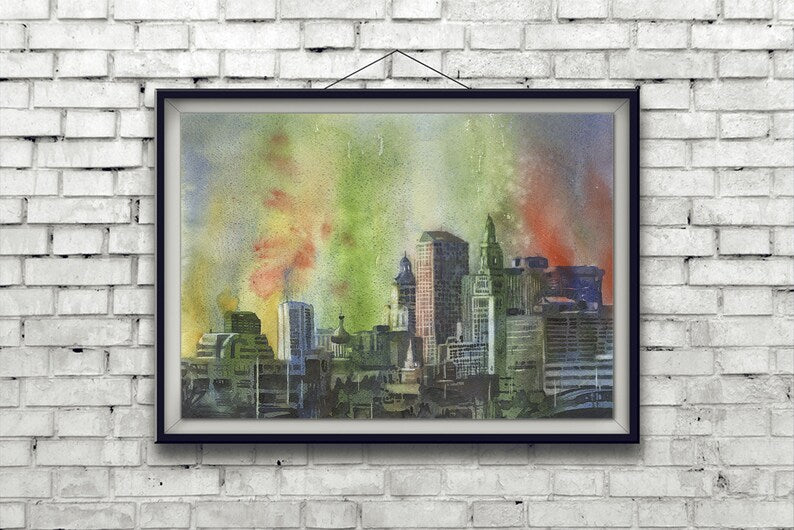 Hartford, CT skyline at sunset.  Hartford skyline watercolor painting sunset artwork fine art Connecticut