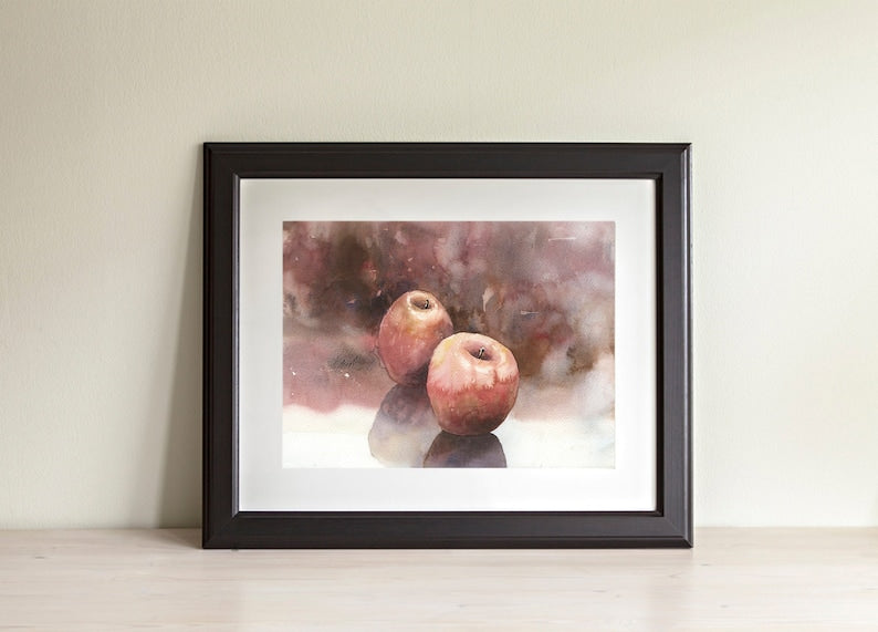 Apple still-life watercolor painting.  Red apples on table watercolor painting kitchen artwork fruit still life painting red artwork (print)