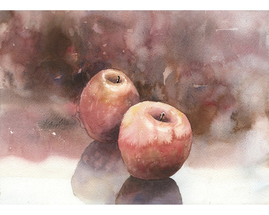 Apple still-life watercolor painting.  Red apples on table watercolor painting kitchen artwork fruit still life painting red artwork (print)