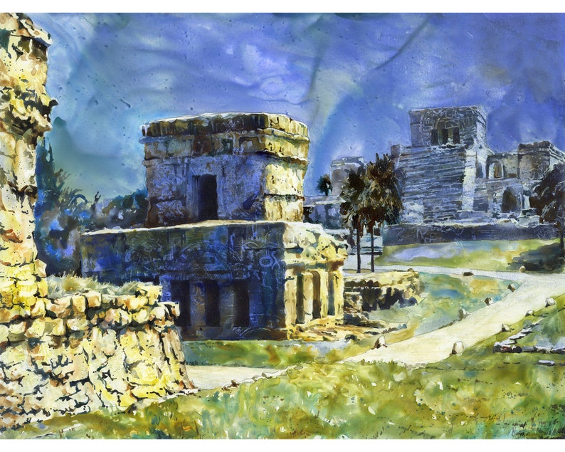 Tulum Mayan ruins in Mexico.  Watercolor painting of Mayan ruins in Tulum in Yucatan Peninsula- Mexico