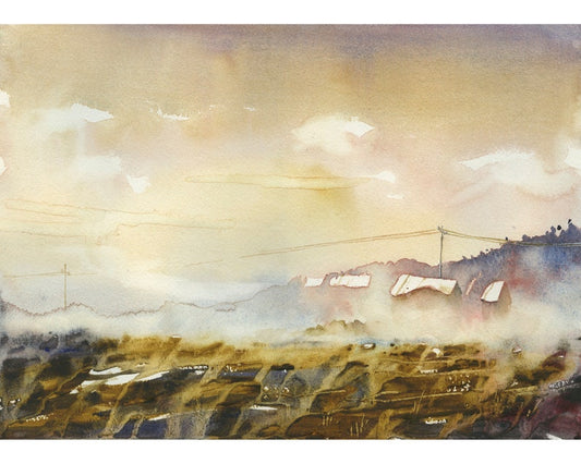 Mist covered landscape painting with buildings.  Landscape watercolor painting fine art land colorful watercolor artwork art sunset (print)