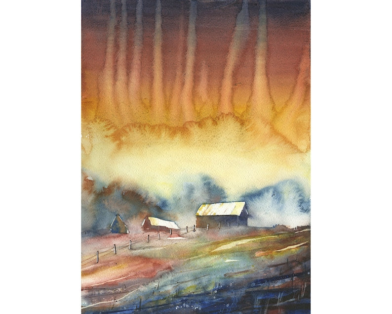 Fiery sunset landscape barns watercolor painting.  Landscape watercolor painting fine art land colorful watercolor artwork art sunset (print)