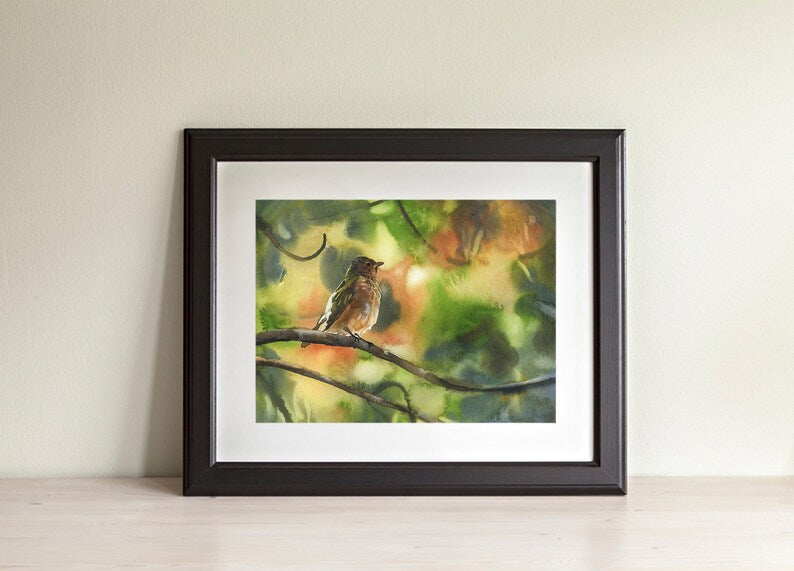 Bird sitting on branch brown green artwork.  Small bird artwork home decor bokeh blurry background green nature artwork bird artwork (print)