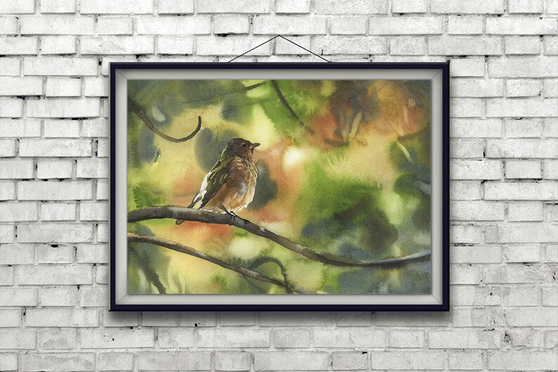 Bird sitting on branch brown green artwork.  Small bird artwork home decor bokeh blurry background green nature artwork bird artwork (print)