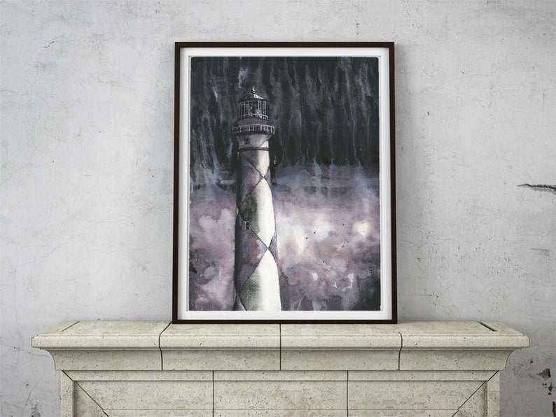 Cape Lookout lighthouse in the Outer Banks, North Carolina. Monochromatic BW artwork Cape Lookout lighthouse OBX black white artwork (print)