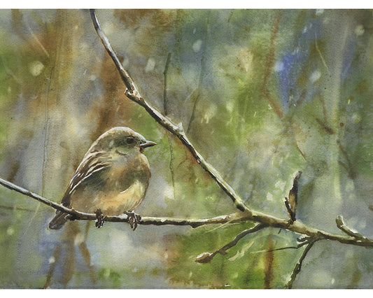 Bird landscape watercolor painting.  Small bird artwork home decor bokeh blurry background green nature artwork bird artwork (original art)