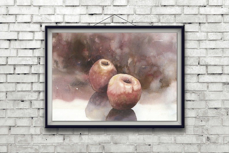 Apple still-life watercolor painting.  Red apples on table watercolor painting kitchen artwork fruit still life painting red artwork (print)