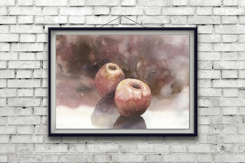 Apple still-life watercolor painting.  Red apples on table watercolor painting kitchen artwork fruit still life painting red (original art)