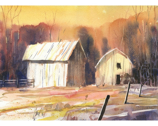 Weathered barns in field colorful watercolor painting.  Barn landscape painting watercolor yellow sunset artwork Barn decor (original)