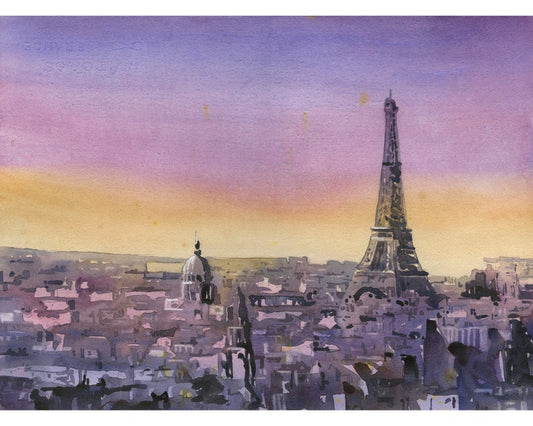 Eiffel Tower rising above buildings Paris, France. Eiffel Tower watercolor painting fine art print Paris art home decor skyline (original)