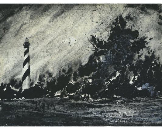 Faro de Cabo Hatteras en Outer Banks, Carolina del Norte, monocromático. Pintura de acuarela Faro de Cabo Hatteras, OBX. Faro de Carolina del Norte (impresión)