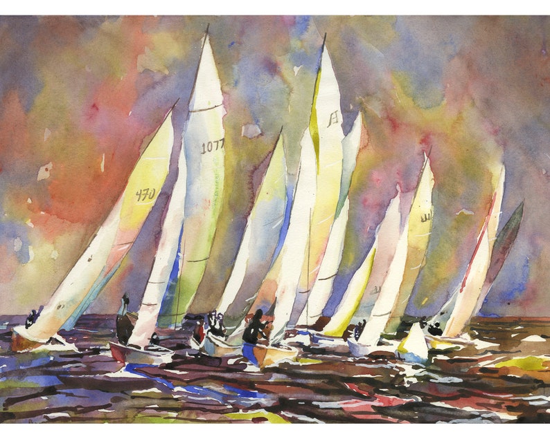 Boats racing in regatta.  Sailing boats tacking around buoy in sailing regatta- nautical art colorful painting watercolor painting (print)