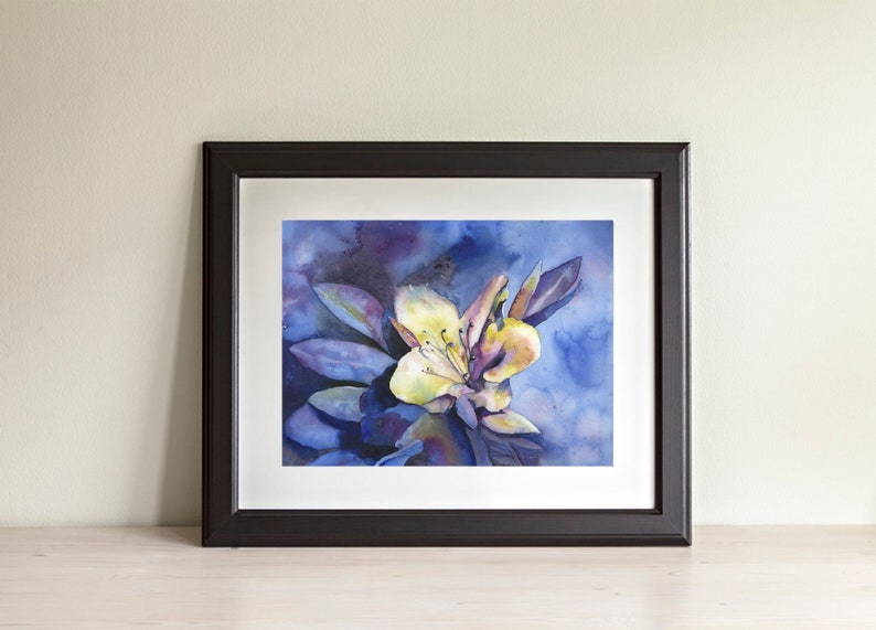 Azalea watercolor painting.  Colorful azalea fine art watercolor painting blue yellow artwork floral watercolor blue yellow floral (print)