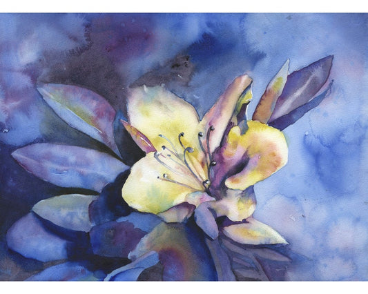 Azalea watercolor painting.  Colorful azalea fine art watercolor painting blue yellow artwork floral watercolor blue yellow floral (print)